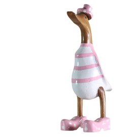 ART-CRAFT Wooden Duck Running Duck Garden Decoration Figure Made of Bamboo Root and Teak Wood Ringed Pink Hand-Painted 25 cm High
