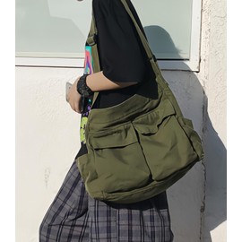 Lauthen.S Grunge Bag Canvas Hobo Crossbody Shoulder Tote Bag for Women and Men Large Messenger Bag with Multiple Pockets Army Green