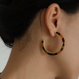 Coffee Color Resin Open C Shaped Hoop Earrings Statement Retro Large Geometric Circle Dangle Drop Sterling Silver Post Stud Lightweight 70s 80s Prom Party Fashion Jewelry Gifts for Wife Girlfriend