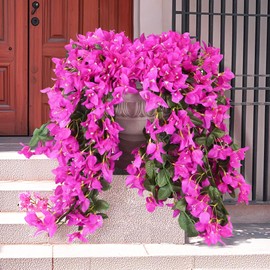 Wacloud Bougainvillea Artificial Flowers Outdoor Decor – 2PCS Faux Silk Vines, UV Resistant Bougainvillea Hanging Garland for Front Porch, Balcony, Planter, Summer Decorations, Fuchsia Purple