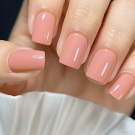 Press On Nails, Rounded Short - Square Press - On Nails for Women & Nude - brown Hue, Gel & Glue Included, 24 - Pcs Set with 12 Sizes