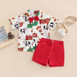 VISGOGO Toddler Boys Outfits Farm/Circus Cartoon Animal Print Shirts with Bow Tie Shorts Set (Red Farm, 3-4T)