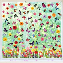 Hianjoo 127 PCS Butterfly Flower Spring Window Clings for Glass Windows, Holiday Spring Window Clings Flower Decals, Removable Reusable Double Sided Static Clings