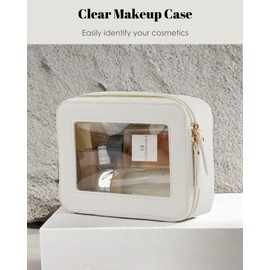 IRROMI Clear Makeup Case, Durable Saffiano Faux Leather Travel Cosmetic Bag, Toiletry Bag with Visual Window & Dual Zippers, Travel Essentials for Women (Pink, Medium)