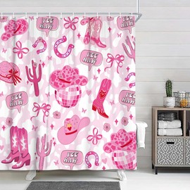 MDUKOIN Pink Shower Curtain, Western Cowgirl Cute Disco Shower Curtain for Bathroom Decor, Cow Print Abstract Boots Hat Bow Girls Cloth Fabric Shower Curtain Set with Hooks, 72X72IN
