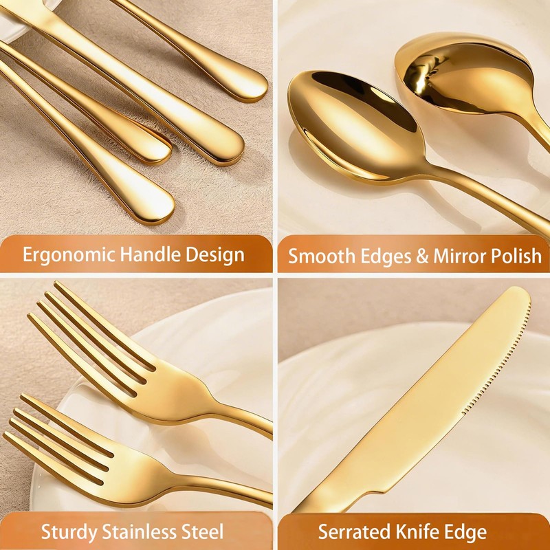 60-Piece Gold Silverware Set for 12, Stainless Steel Flatware Cutlery