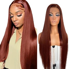 Hxxcoup Straight #33 Reddish Brown Human Hair Wig 13x6 Transparent Lace Front Wig 180% Density Pre Plucked Natural Hairline Real Baby Hair For Women 30 Inch