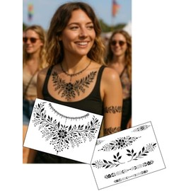 InkLace Black Floral Tattoo Set – 2x A5 Temporary Tattoo Sheets – Matching Festival Necklace & Bracelet Designs – Elegant Party Wear for Women by Inkwear