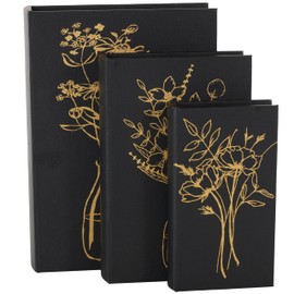 Deco 79 Faux Leather Floral Decorative Box Faux Book Storage Book Shaped Boxes with Gold Accents, Set of 3 Decorative Keepsake Boxes 13", 11", 9" H, Black