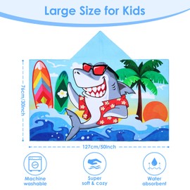 Decalsweet Hooded Towel for Kids,100% Cotton Large Children's Bath Towel, Soft & Absorbent Poncho Towel for Toddlers Boys Beach Swimming,Shark