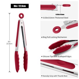 Doosu Kitchen Tongs for Cooking - 600°F Heat Resistant Food Tong with Non-Scratch Silicone Tips, Heavy Duty Stainless Steel Locking Tong for BBQ, Grilling Steak, Serving Salad, Pasta (9in, Red)