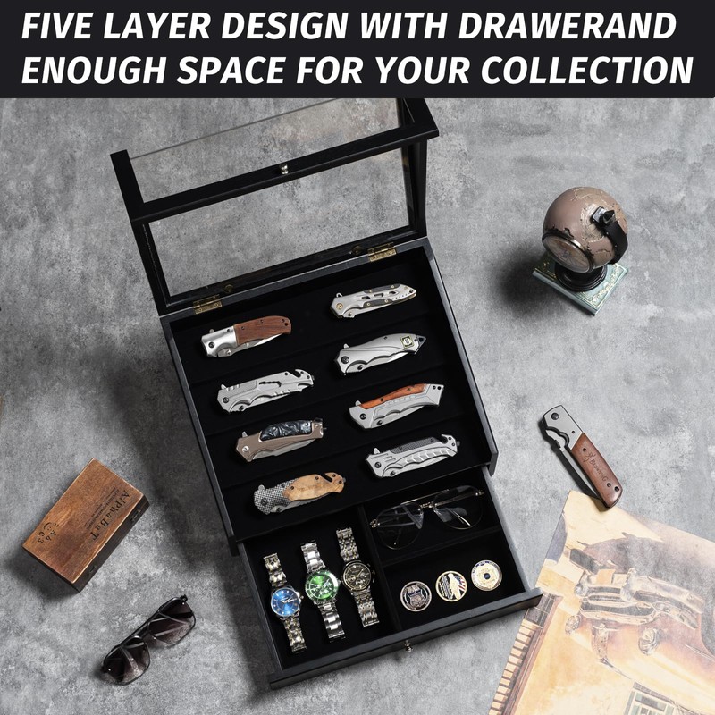 Emfogo Pocket Knife Display Case, Large Knife Collection Box for