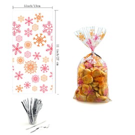 SaktopDeco - 100 bolsas de celofán de copo de nieve rosa de 5 x 11 pulgadas, bolsas de celofán de colores para fiestas de día festivo