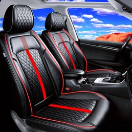 FiveFox Fit Frontier Car Seat Covers (Front Pair) for Select Nissan Frontier 2009-2025 2026 Crew Cab - Full Coverage Leather, Waterproof & All Weather Seat Cushion Protector, Black with Red Trim