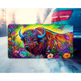 Vanity Decorative Front License Plate - Cute Car License Plate Made in the USA - Aluminum Metal Plate - Premium Quality Car Plate - Front Plate for Car (Colorful Buffalo)