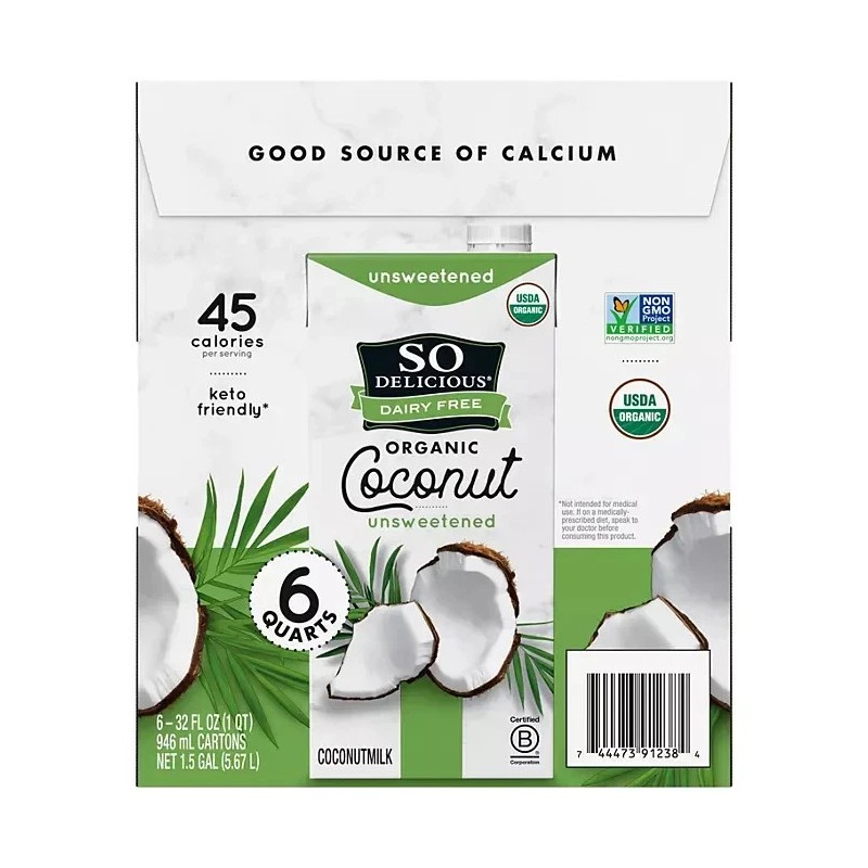 So Delicious Dairy-Free Organic Coconut Milk, Unsweetened, 32 Ounce (Pack
