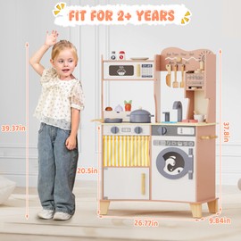 ANPABO Play Kitchen for Toddlers, Wooden Kitchen Playset w/Coffee Maker, Washing Machine, Microwave, Realistic Pretend Toy Kitchen w/25 Pcs Play Food & Cookware Accessories, Gift for Girls Boys, Pink