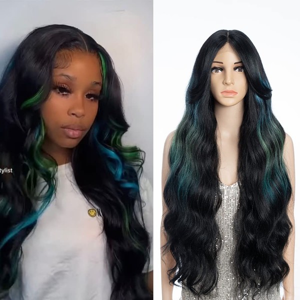 FASHION IDOL Synthetic Dazzling Wig Body Wave Long partial split lace hair stitching + front lace, curtain bangs 36" Replacement Wigs