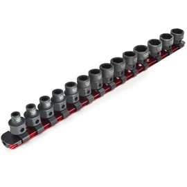 CROM Stubby Impact Socket Set - 14-Piece 3/8" Drive Metric 6-19mm Low Profile Socket Set, CR-MO Steel Nano Shallow Impact, Includes Aluminum Storage Rail (Metric 14 Piece)