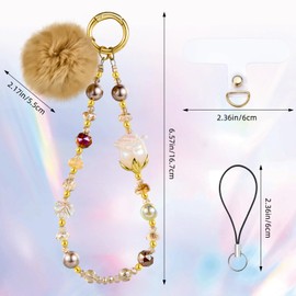 BEEFLYING Glass Beaded Phone Charms Bracelet Strap Cellphone Wrist Lanyard with Fuzzy Ball Pendant for Bag Camera (Camel)