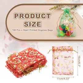 PATIKIL 100 Pcs 4x6 Inch Heart Printed Organza Bags, Red Sheer Heart Organza Bags with Drawstring for Christmas Candy Jewelry Party Wedding Favor Gift