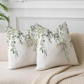 Velvet Floral Spring Green Pillow Covers 16 x 16 Inch Set of 2 Vintage Wild Flowers Decor Sage Green Throw Pillows Leaves Outdoor Farmhouse Wildflower Plant Decorative Cushion for Couch Bed Sofa
