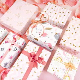 Wrapping Paper for Girls Women Female Girly, 6 Sheets Pink Birthday Wrapping Paper, Pink and Gold Gift Wrapping Paper Gift Wrap for Birthday, Wedding, Valentine's Day, Party, Baby Shower, 70 X 50CM