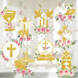 First Communion Decorations, Kaluofan 18 Pcs First Holy Communion Decorations, Golden Cross Floral Hanging Swirls for Communion Baptism Confirmation Religious Baby Shower Party Favor Supplies (pink)
