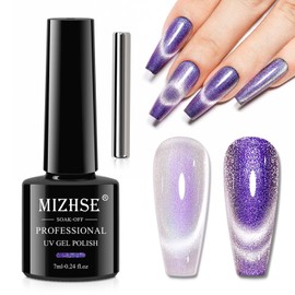MIZHSE Cat Eye Gel Nail Polish, Aurora Purple Magnetic Gel Polish with Magnet Stick, Shiny Glitter Cateye Nail Gel Soak Off Nail Art Manicure Home