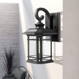 Emliviar Outdoor Wall Lanterns 2 Pack, 1-Light Exterior Wall Mount Light, Black Finish with Clear Seedy Glass, 2084B-2BK