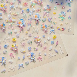 Flower Nail Art Stickers Decals Shell Light Flower Nail Decals with Pearl 3D Self-Adhesive Spring Summer Nail Art Decorations Floral Bouquet Bow Summer Nails Design Adhesive Stickers for Nails Decor