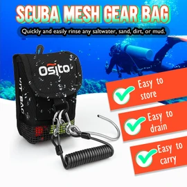 Bolsa de malla para equipo de buceo, bolsa de transporte pequeña de malla con bolsillo seco con clip giratorio, cinta de gancho y bucle y anillo en D para almacenar boya de marcador de superficie de