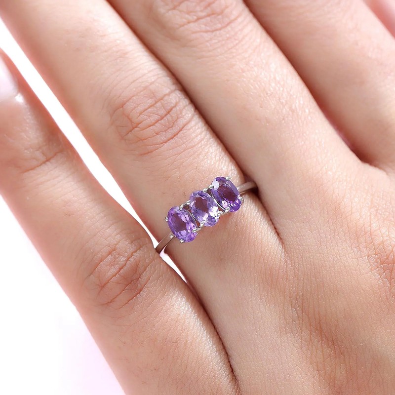 TJC Natural Amethyst Three Stone Ring for Women in Platinum