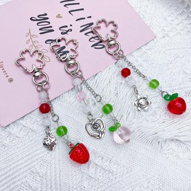 Homvog Cute Keychain Aesthetic Y2K Keychain Accessories Heart Butterfly Strawberry Bear Key Chain for Keys Bags Women Gifts, 3x Strawberry Apple Peach