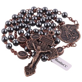 HanlinCC 6mm Hematite Black Stone Beads Saint Michael the Archangel Catholic Rosary Necklace with Pardon Crucifix in Black Velvet Gift Bag for Men and Women (Anti-Copper St.Michael Rosary)