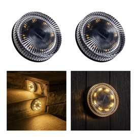 OPOIRA Glass Solar Deck Lights with Ray Style, Modular-Design Waterproof Outdoor Fence Lights for Stairs Step Yard Patio Garden Wall Pathway, Decorative Patio Table Lighting, Warm White (2 Pack)