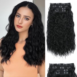 Natural Black Clip in Hair Extensions, Hair Extensions Clip Ins 18 Inch Synthetic Curly Wavy Hair Extensions Long Thick Clip on Hair Extensions for Women Hairpieces(Natural Black)