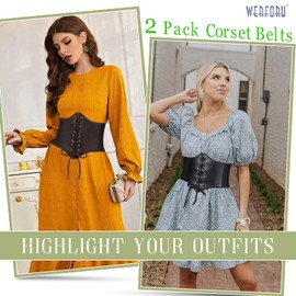 WERFORU 2 Pack Women Elastic Corset Belts Retro Wide Stretchy Tied Waspie Costume Waist Belt