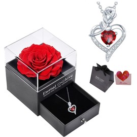 Preserved Real Rose with Sterling Silver Necklace 925 Silver Rose Pendant Necklace with Eternal Rose Box Gift for Mum Wife Girlfriend on Mothers Day Valentines Day Christmas Birthday Gifts for Women