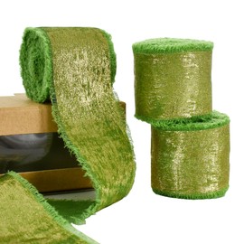 RIBBOOO 3 Rolls Grass Green Glitter Chiffon Ribbon, 1.5 Inch 15 Yards Gold Silk Frayed Ribbon for Flower Bouquet, Gift Wrapping, Wedding, Birthday Party Decor