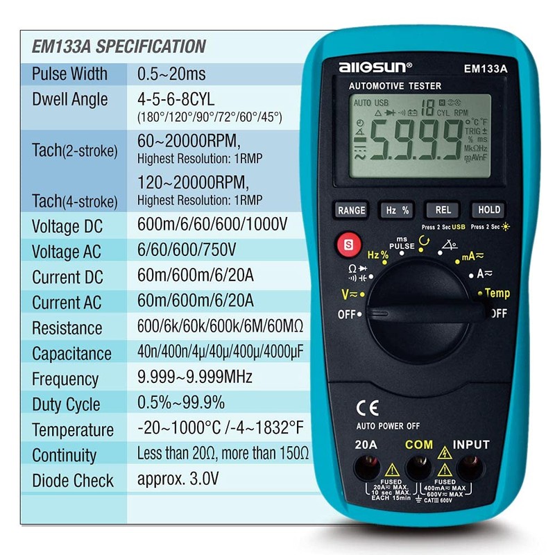 allsun Automotive Dwell Meter Digital Multimeter Autoranging TRMS 5999 Counts