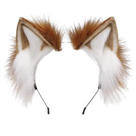 ZFKJERS Handmade Fur Fox Cat Ears Headband Fursuit Headwear Cosplay Costume Party Accessories (Khaki White)