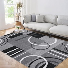 GarveeHome Washable Rug 3x5 Modern Abstract Circle Rugs Non Slip Long Rug Stain Resistant Low Pile Rugs Indoor Floor Carpet for Living Room Bedroom Dining Room, Grey