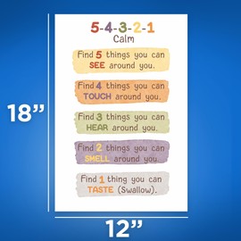 Bliss Monkey Co. 5-4-3-2-1 Calm Ground Technique Poster - Mindfulness Tools - Emotional Regulation - Coping Strategies - 12 x 18 Inch Unframed Glossy Paper Poster - Made In USA