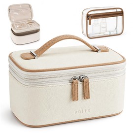 Prite 2 Pcs Makeup Bag Set Travel Cosmetic Case 2-Layer Vegan Leather Jewelry Organizer with Waterproof Clear Toiletry Bag for Women