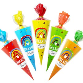 YUNYAKARSA Pack of 10 School Cones Boys Girls 28 cm Siblings School Cone, Small Sugar Cone Small School Cone Girls Boys, Mini School Cone for Filling, Colourful Sugar Bag Boys Girls