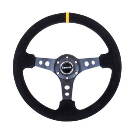 NRG Steering Wheel (350mm / 3in. Deep) in Black Suede with Circle Cut Spokes & Single Yellow CM