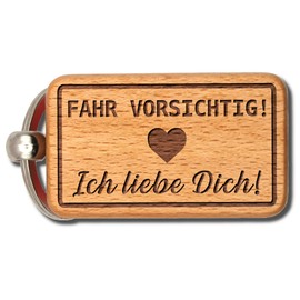 dekolaser24 - Keyring "Fahr Vorsichtig Ich Liebe Dich" (German Language), Love expression, love sayings, love gift for him, men, women, gift for birthday or Christmas, brown
