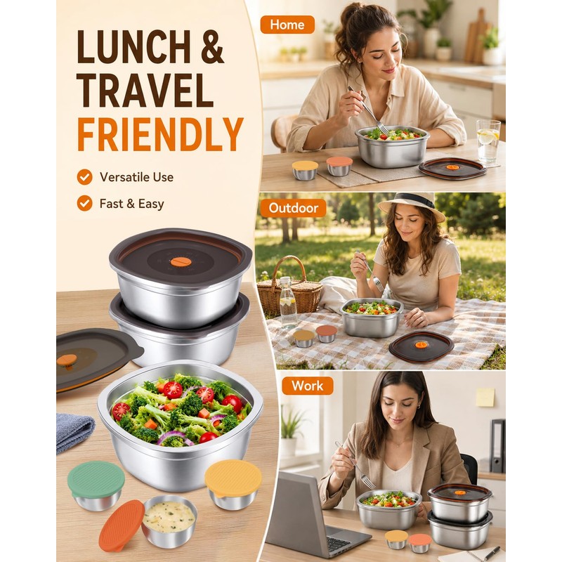 Miradexic 3-Pack Stainless Steel Salad Bowls to Go for Lunch,