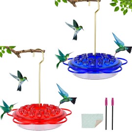 Oubaiyi Hanging Hummingbird Feeders for 24 Feeding Ports,2 Pack,Leak-Proof,Easy to Clean and Fill, Saucer Humming Feeder Outdoors Windows ,Deck, Patio, Garden, Red&Blue, 8*8*9inch
